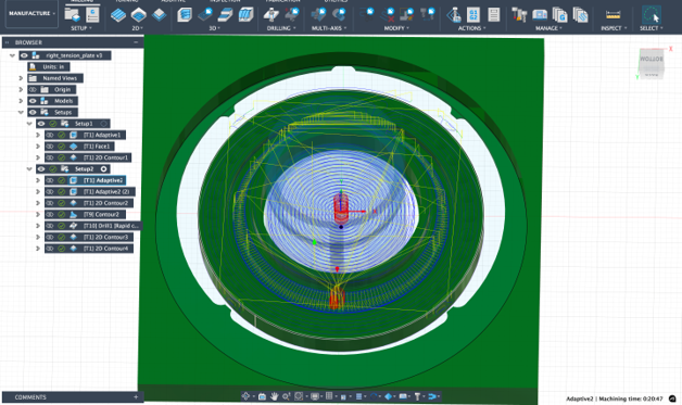 Fusion 360 CAM toolpath setup for the eccentric tension plate
