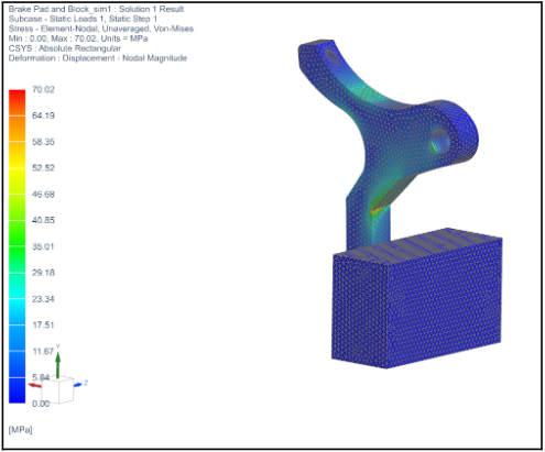 FEA von Mises stress plot, left caliper, iteration 1, peak 70.02 MPa