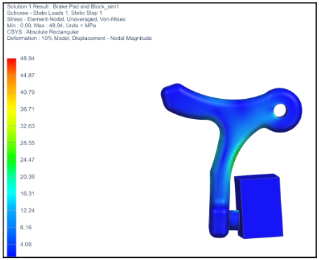 FEA von Mises stress plot, left caliper, iteration 2, peak 48.94 MPa