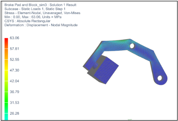 FEA von Mises stress plot, right caliper, iteration 1, peak 63.06 MPa