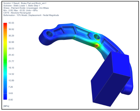 FEA von Mises stress plot, right caliper, iteration 2, peak 43.55 MPa