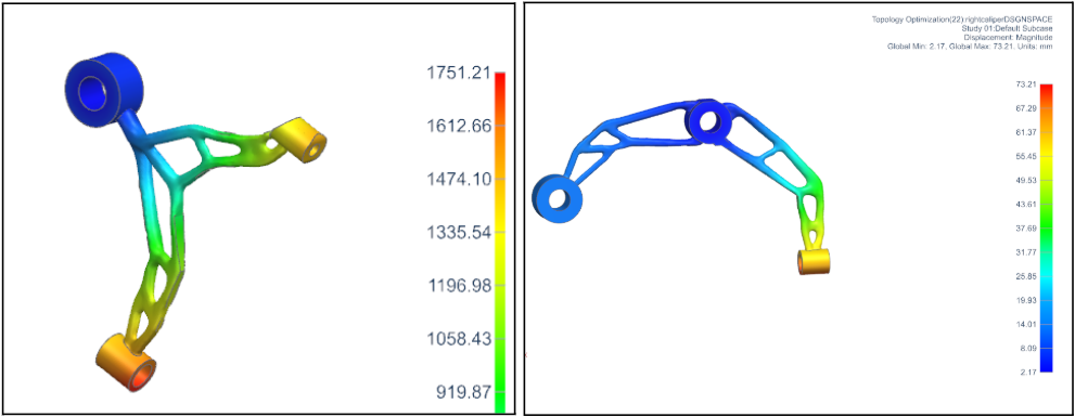 Topology optimization results showing the load path and displacement magnitude, two views