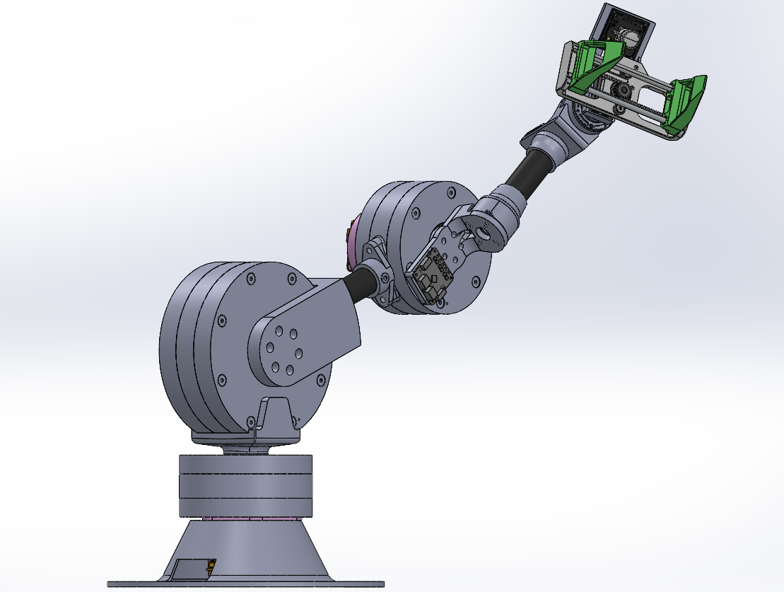 SolidWorks render of the full arm assembly: conical base, base yaw and shoulder cycloidal housings, elbow housing with controller, carbon-fiber forearm, wrist, and gripper
