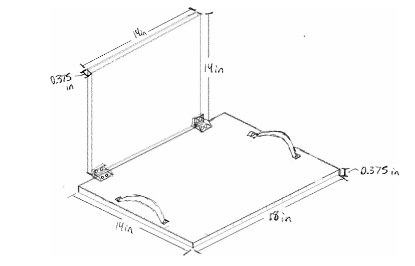 Isometric drawing of the foldable padded seat with hinges and dimensions
