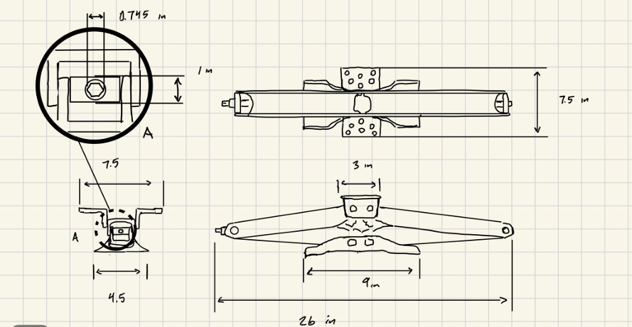 Isometric drawing of the scissor jack with dimensions