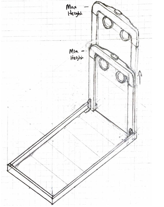 Isometric sketch of the full assembly showing min and max height